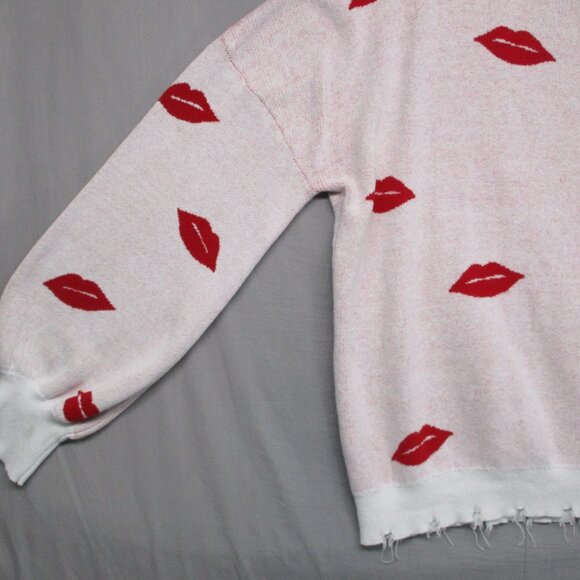 Andree By Unit Balloon Sweater Raw Hem Kiss Lips White & Red Women Size | 2X - Picture 4 of 14